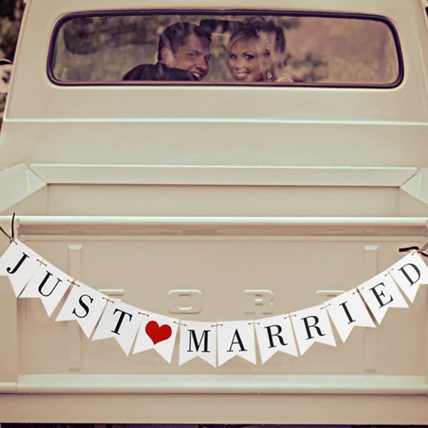 Vintage Just Married Banner Bröllop Bunting Photo Booth Rekvisita Sig