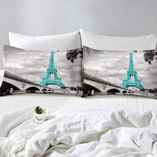 Dubbel Eiffel-tornet påslakan set flickor chic teal Paris tema sängkläder set för barn tonåringar kvinnor sovrumsdekor