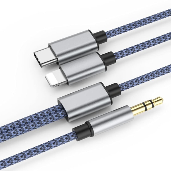 Flettet Nylon USB C & Lightning til 3.5mm Jack Audio Adapter Aux Kabel