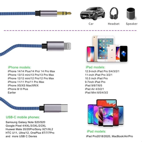 Flettet Nylon USB C & Lightning til 3.5mm Jack Audio Adapter Aux Kabel