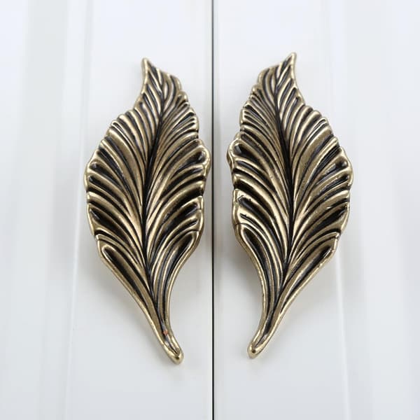 Sæt af 2 Bronze Bladeformede Møbelknapper, Art Deco Zink Legering