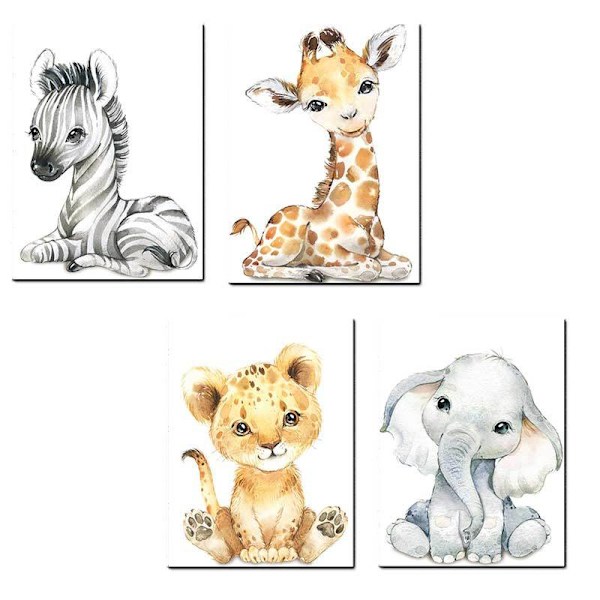 Set med 4 posters för barnrum - A4 format Tiger och giraff