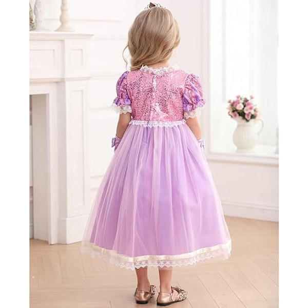 (Höjd 110CM) 1 set flickor långt hår prinsessa kostym barn klänning upp lila kläder födelsedag