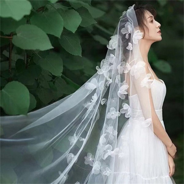 Slørbrudeslør 3D blomsterslør, 2m hvid slørtørklæde brudehårtilbehør