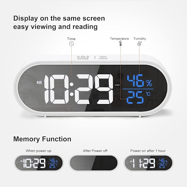 Digital väckarklocka med stor LED-display för luftfuktighet och temperatur, USB-laddning