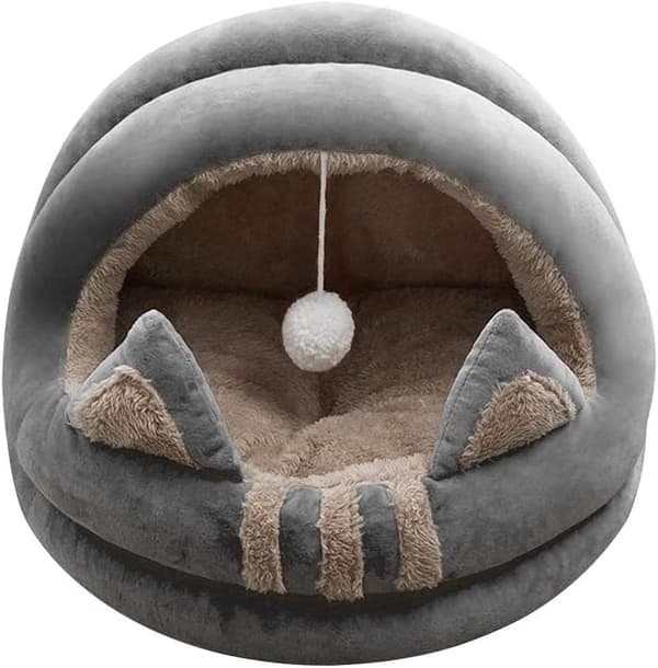 Katzenhaus Design Katteøre Kattehus med kattehull, pompom, fløyel