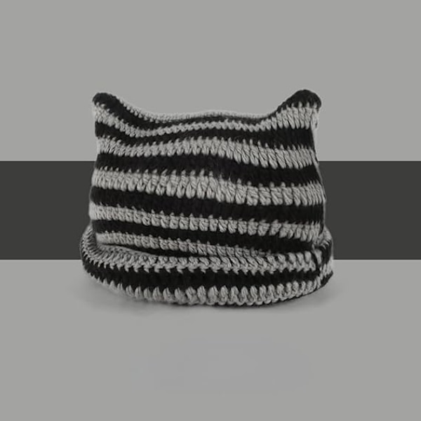 (Sort+Grå) 1 stk. Hæklet Hue til Kvinder Kattehue Retro Hue Kvinder Rævehue Trash Tilbehør Kvinder Casual Hue