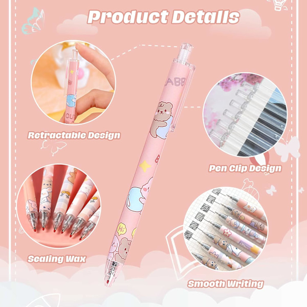 6-pack utdragbara gelpennor, söta Kawaii kullagerpennor 0,5 mm svart