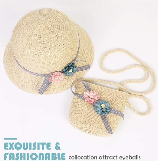 1 Sæt, Stråhat og Stråtaske, (Beige) Stråhat Piger Børn Solhat Sommer Strandhat Strå P