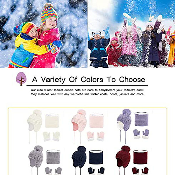 Barnens Halsduk och Vantar Set - 3-pack Pom Pom Vintermössor (Snögrön