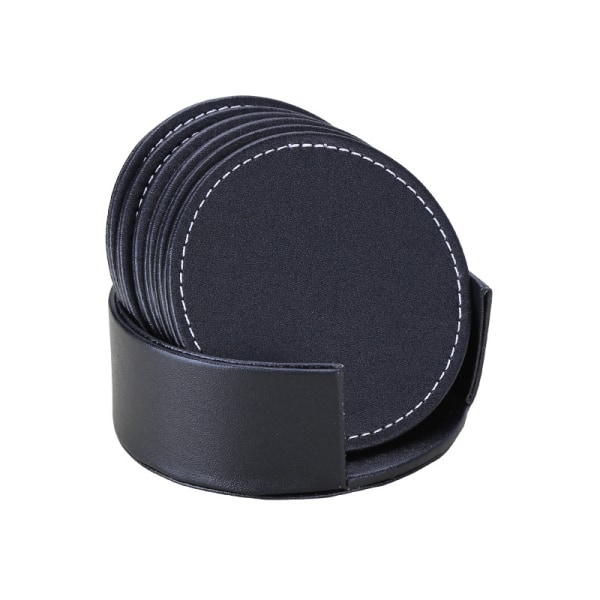 Round Drink Coasters PU Leather Coaster Black Table Mat with Hold