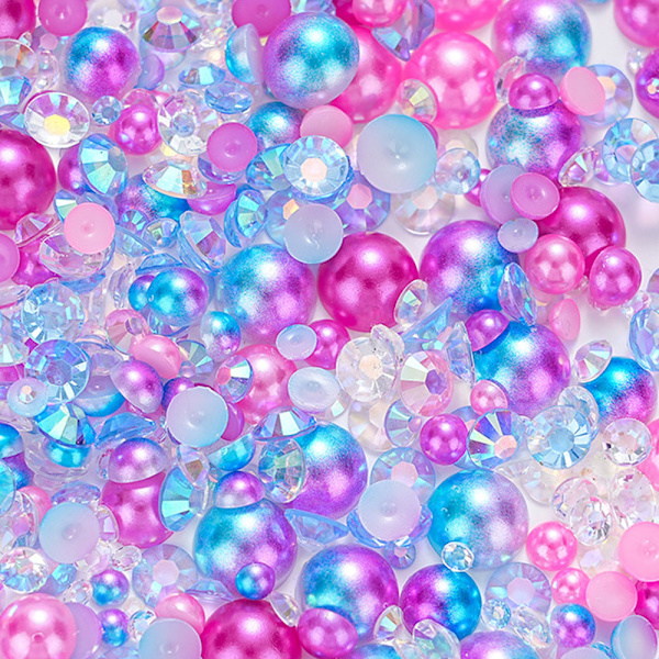 (Pink) 100g Gradient Halve Perler og Diamanter, 3mm-10mm Halvrunde Flad Bagside Perleperler Resin Imitati