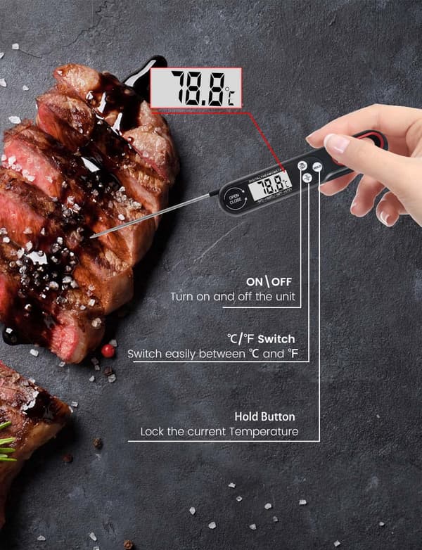 Digital Kökstermometer med Vikbar Lång Sond, Digital Kötttermometer