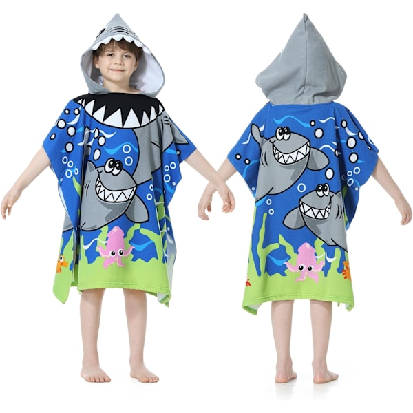Blå&Grå Haj - Barn Poncho Handdukar med Huva, Strand Omklädningsrock Badrock Poncho för Simbassäng