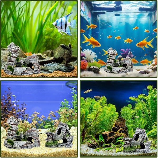 2 stk. Akvarium Klippehule Skjulested Dekoration til Akvarium, Akvarium Klippehule Dekoration med Grønt