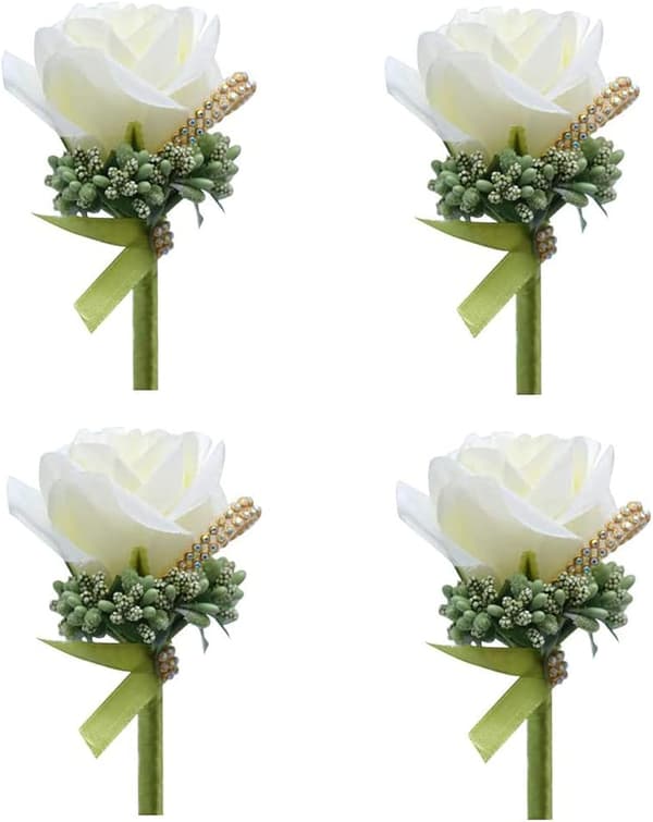 Sett med 4 håndlagde bryllupsknapphullsblomster, kunstige blomster med B