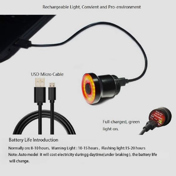 Baklys 100 USB Oppladbart Automatisk Bremselys LED Lyssensor