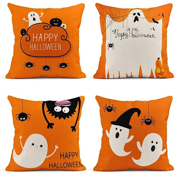 Sæt med 4 45x45 cm Spøgelse Græskar Øjeæble Tre Hængende Edderkopper Glædelig Halloween Sky Orange Dekor Linned Pudebetræk