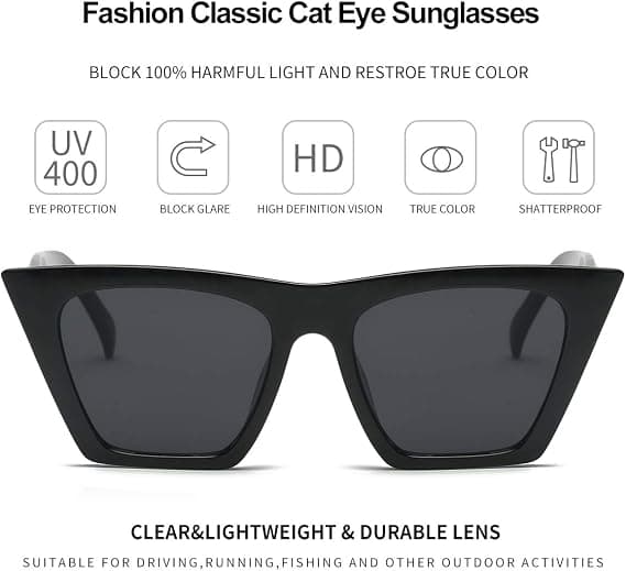 Firkantede Cat Eye Solbriller for Kvinner Mote Oversize Cateye Klassisk