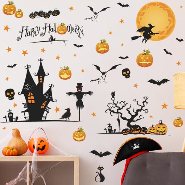 Happy Halloween Heminredning Väggdekaler Häxa Fladdermöss Spindlar Pumpa