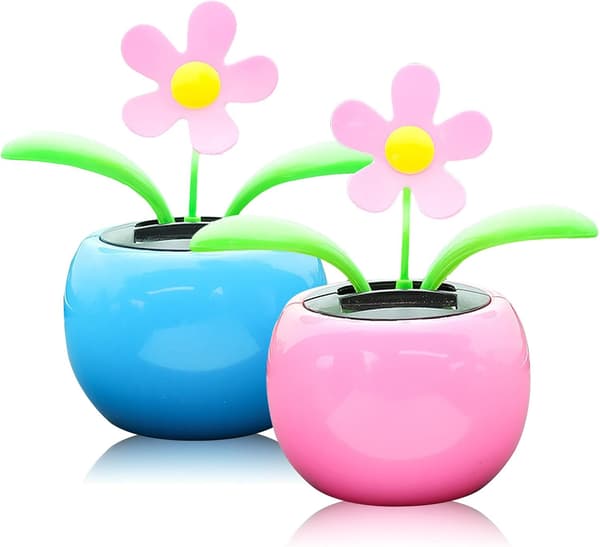2 stk. soldansende blomster, bobblehead-bilpynt, solcellebil