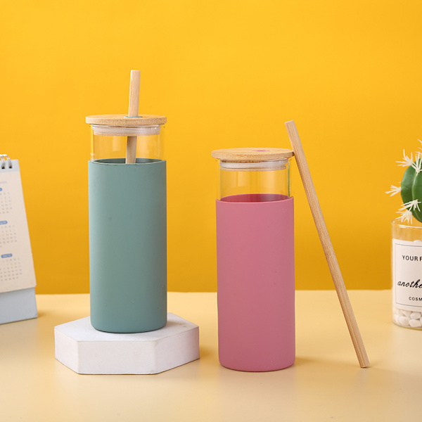 Glas Tumbler Glas Vattenflaska Sugrör Silikon Skyddande Hylsa