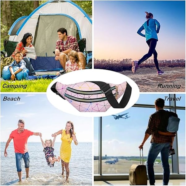 (Rosa) Unisex Holografisk Effekt Midjeväska, Multi-Fick Vattentät Mode PU Läder Midjeväska för Resor, Vandring, Camping, L