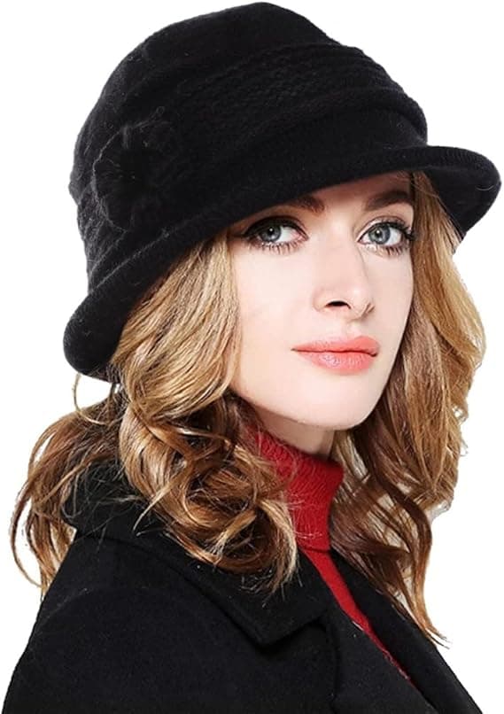 Dames Vinter Blomsterhat - Sort Strikket Modevarm Hat
