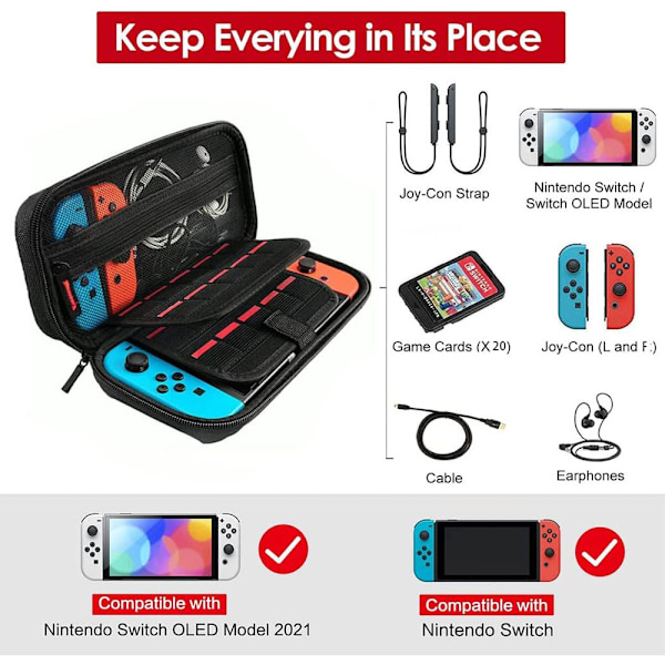 Nintendo Switch Spilletui (Sort Lynlås), Ninetendo Switch Oled Etui med 20 Kortpladser, Switch Tilbehør