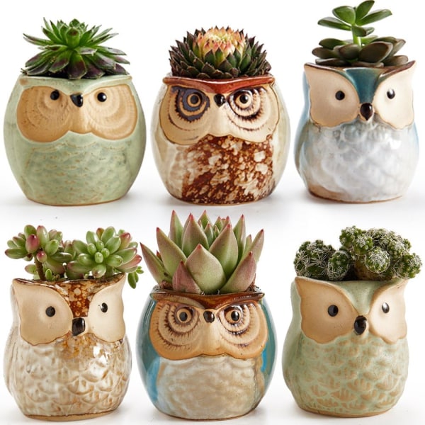 Owl Pot Ceramic Flowing Glaze Base Set Succulent Plant Pot