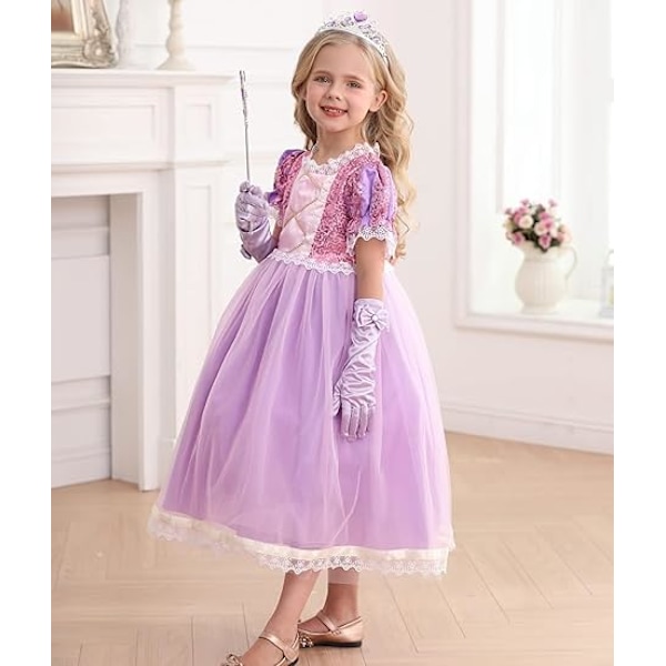 (Höjd 110CM) 1 set flickor långt hår prinsessa kostym barn klänning upp lila kläder födelsedag