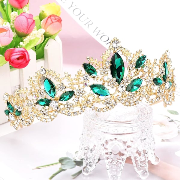 (Vihreä) Naisten Tiara Kultainen Kruunu Tyttöjen Häät Prinsessa Syntymäpäivä Kristallitimanttiotsapanta Sopii Tanssiaisiin Morsiusjuhliin Hallow