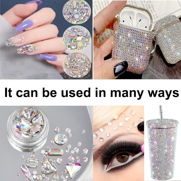 1 lådor flerfärgade nagelstrass med fint glitterkit, olika former nagelstenar med S4-S16 flatback Rou