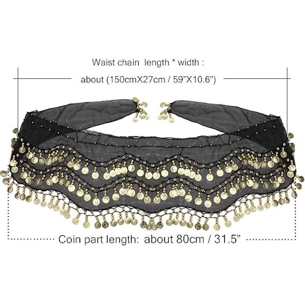 (Svart) Magedans Hofte Skjerf, Chiffon Magedans Skjerf for Kvinner, 128 Mynter, Bra for Yoga Timer