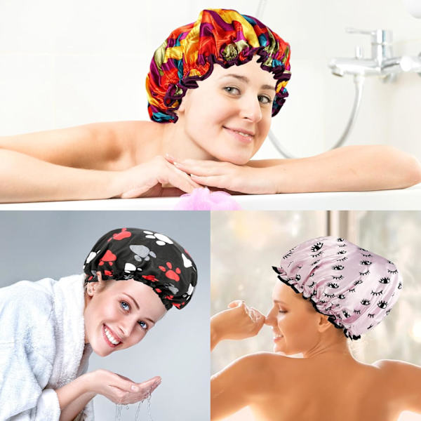 (ögonfransar) 3-pack Dubbellagers Duschmössa Vattentät Elastisk Badmössa för Kvinnor Dusch Spa