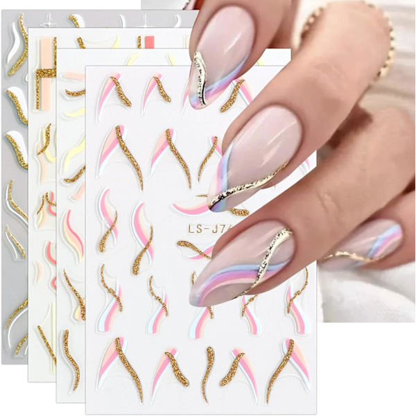9 ark franska tipp nagelkonst klistermärken dekaler självhäftande glitter våglinje nageltillbehör nagelkonstdesign dekaler
