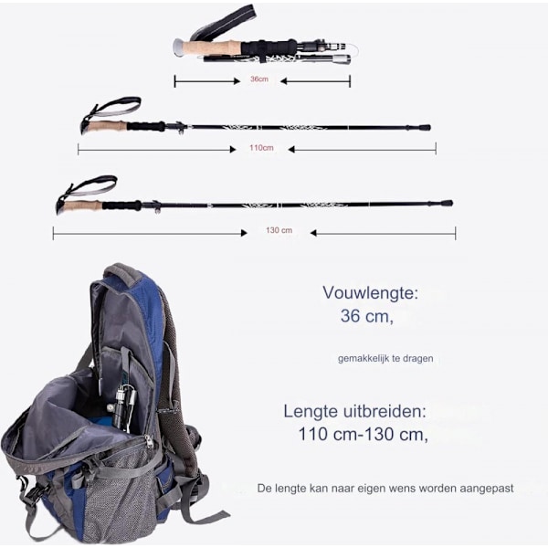 2 stk. Teleskopiske vandrestave, justerbare fra 36 til 130 cm, ultralette, stødsikre, skridsikre, ideelle til vandring, camping, skiløb