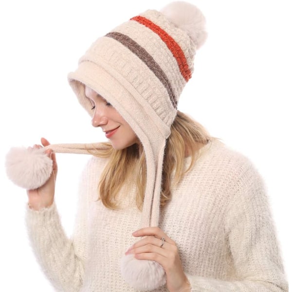 Strik hue med peruansk pom pom hat ørehætte vinterhuer til damer