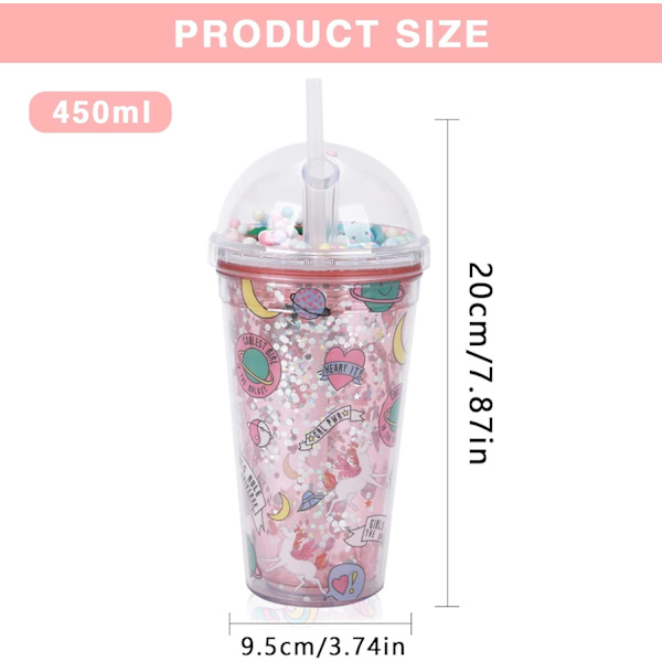 450 ml Plastkopp (Rosa) med Sugrör och Lock, Läckagesäker Vatten
