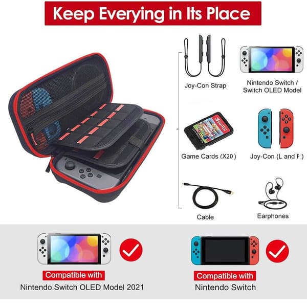 Nintendo Switch Spilletui (Rød Lynlås), Ninetendo Switch Oled Etui med 20 Kortpladser, Switch Tilbehør