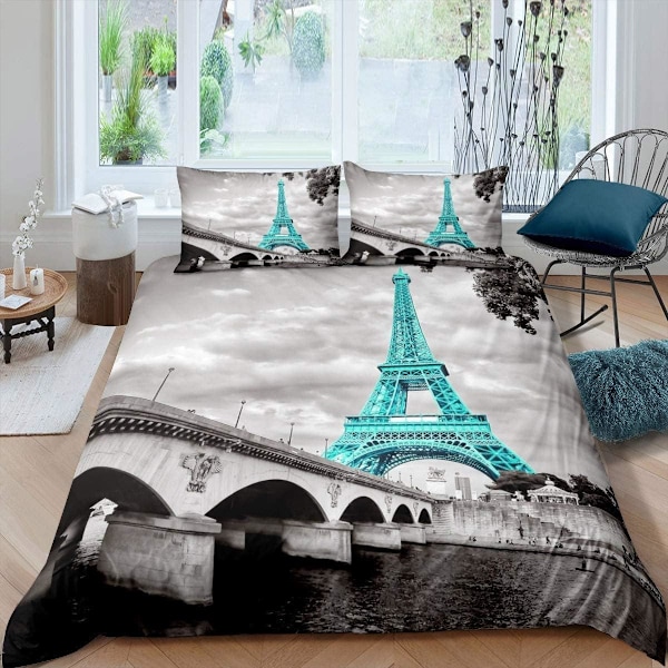 Dubbel Eiffel-tornet påslakan set flickor chic teal Paris tema sängkläder set för barn tonåringar kvinnor sovrumsdekor