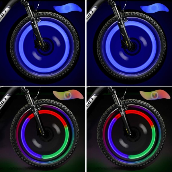LED-hjulljus (blå + flerfärgad) Set om 4, Cykelhjulspok