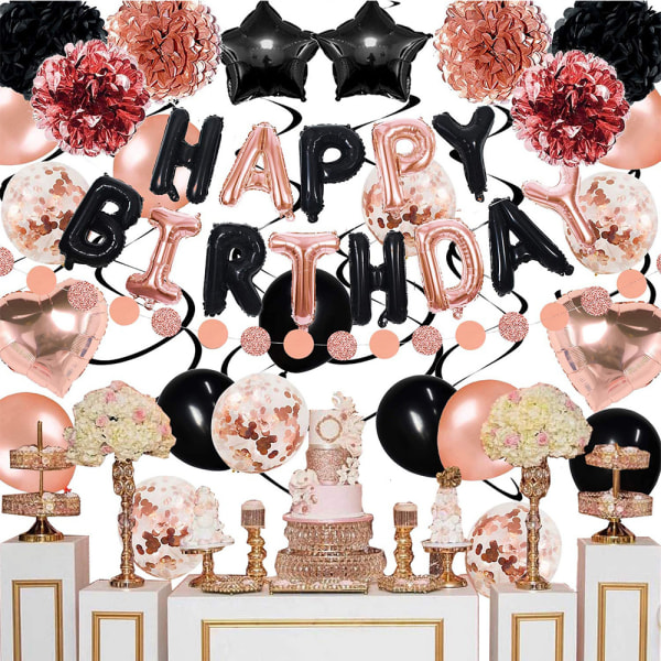 16 tum svarta roséguld Happy Birthday ballonger set pappersblomma