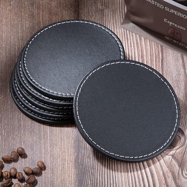  Runde Drikkemåtter PU Læder Coasters Sort Bordmåtte med Holder