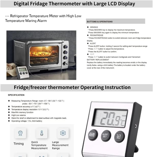 Køleskabstermometer, Digitalt LCD-termometermonitor med Pr