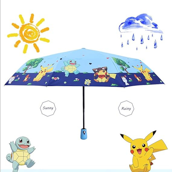 (Lyseblå) 1 Pikachu Børne Paraply, Sammenfoldelig, Automatisk Åbning, Tegneserie, UV Beskyttelse, Rejse