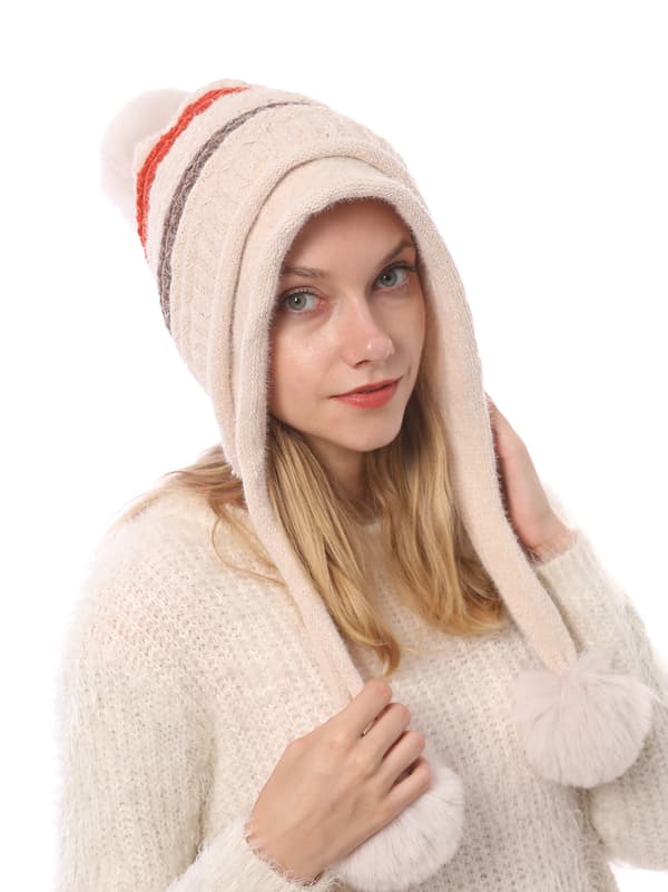 Strikbeanie med peruviansk pompom hat øreklapper vinterhatte til kvinder