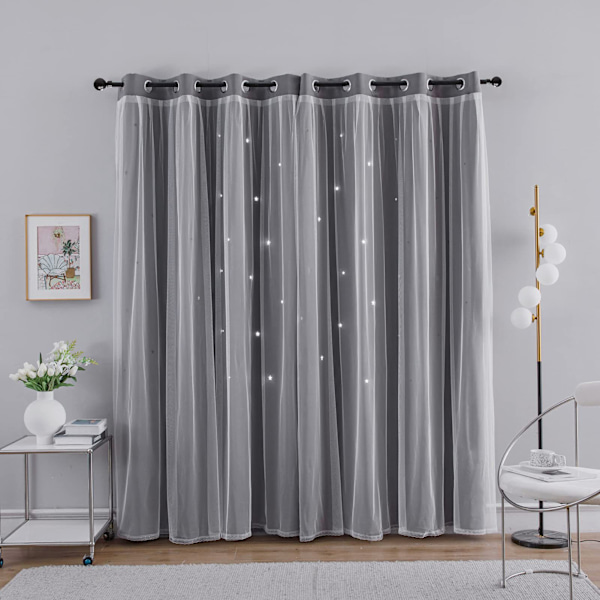 (132cm*244cm) 2 st Rosa Dubbelrum Mörkläggningsgardiner med Genomskinliga Överlägg, Matchande Ögle Sovrum In