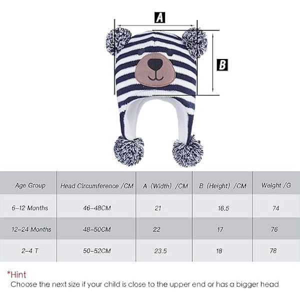 (Størrelse L) Toddler Børn Baby Vinterhue, Øreklapper Strikket Varm Hue, Fleeceforet Beanie Hue til Baby Drenge og Baby Piger