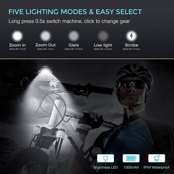 USB genopladelig cykellygte 1000 lumen, Super Bright 3 LED-cykel